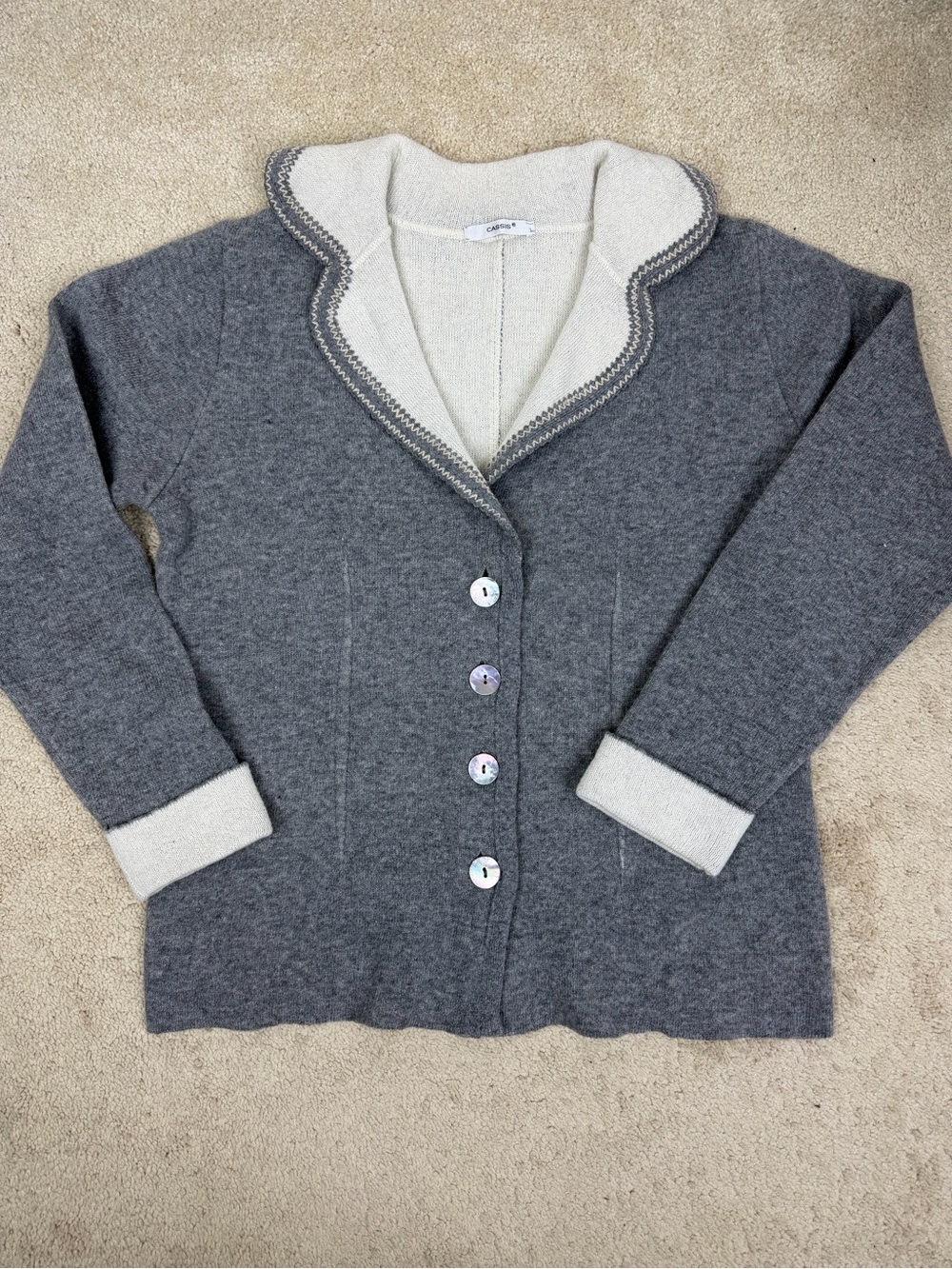 Cassis Women’s 40 Gray Cream Wool Blend Cardigan Shawl Collar Sweater Made Italy